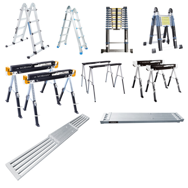 Sawhorses, planks, ladders